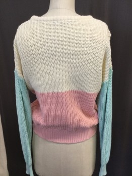 Womens, Pullover, AMERICAN APPAREL, Cream, Pink, Mint Green, Cotton, Stripes, Solid, XS, Crew Neck, Cream Top Half, Pink Bottom, Mint SleevesFC047550