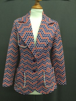 Womens, Blazer, THAT GIRL, Red, White, Blue, Polyester, Polka Dots, Diamonds, 36B, Unlined Double Knit, 3 Patch Pockets with White Piping, 2 Button, Wide Notched Lapel, Bold Beautiful Lady's Jacket,
