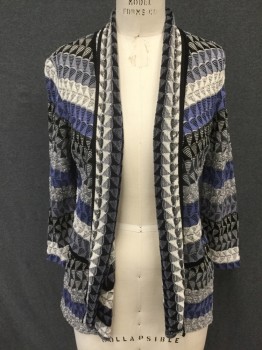 NIC & ZOE, White, Black, Periwinkle Blue, Gray, Synthetic, Stripes, Textured Stripes with Striped Triangles, Shawl Collar, Solid Black Trim, Open Front, Long Sleeves, Double