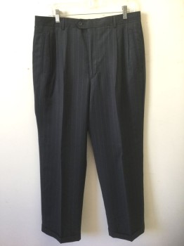 Mens, 1980s Vintage, Suit, Pants, VALENTINO, Black, White, Wool, Stripes - Pin, Ins:30, W:34, Cool Black with White Dotted Pinstripes, Triple Pleated, Button Tab Waist, Zip Fly, Cuffed Hems, Late 1980's/Early 1990's
