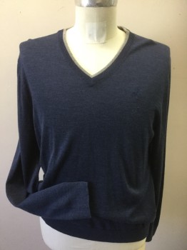 Mens, Pullover Sweater, BROOKS BROTHERS, Dk Blue, Gray, Wool, Solid, Large, Long Sleeves, Gray at V-neck, Fine Knit