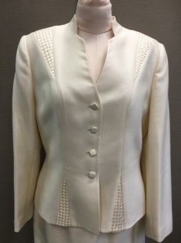Womens, 1990s Vintage, Suit, Jacket, ALBERT NIPON, Off White, Wool, Silk, Solid, 14, Single Breasted, Fabric Covered Square Buttons, Notch Cutout at Collar, Triangle Silk Woven Details at Shoulder and Waist, Long Sleeves,