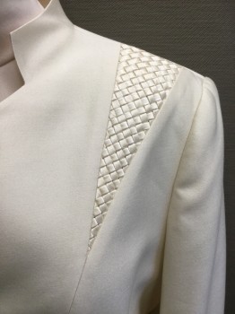 Womens, 1990s Vintage, Suit, Jacket, ALBERT NIPON, Off White, Wool, Silk, Solid, 14, Single Breasted, Fabric Covered Square Buttons, Notch Cutout at Collar, Triangle Silk Woven Details at Shoulder and Waist, Long Sleeves,