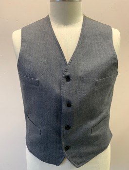 Mens, 1920s Vintage, Suit, Vest, SIAM COSTUMES MTO, Gray, French Blue, Wool, Herringbone, Stripes - Pin, 46, 4 Buttons, V-neck, 4 Welt Pockets, Cream Pinstriped Lining, Solid Olive Cotton Back, Belted Back Waist