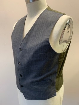 Mens, 1920s Vintage, Suit, Vest, SIAM COSTUMES MTO, Gray, French Blue, Wool, Herringbone, Stripes - Pin, 46, 4 Buttons, V-neck, 4 Welt Pockets, Cream Pinstriped Lining, Solid Olive Cotton Back, Belted Back Waist