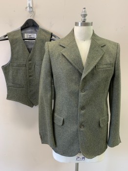 Mens, 1930s Vintage, Piece 1, MARK COSTELLO, Olive Green, Brown, Blue, Black, Wool, Tweed, 40S, Single Breasted Jacket, 3 Buttons,  Notched Lapel, 3 Pockets, Has A Double, See Fc052051