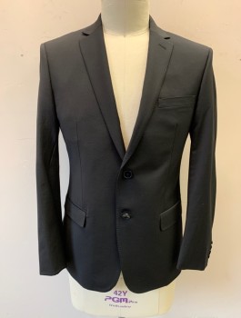 Mens, Sportcoat/Blazer, CALVIN KLEIN, Black, Wool, Elastane, Solid, 40R, Single Breasted, Notched Lapel with Hand Picked Stitching, 2 Buttons, 3 Pockets