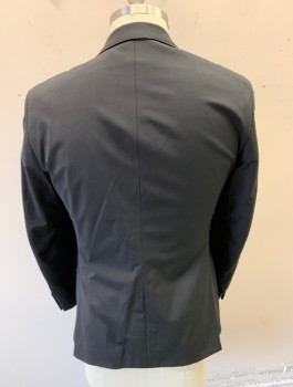Mens, Sportcoat/Blazer, CALVIN KLEIN, Black, Wool, Elastane, Solid, 40R, Single Breasted, Notched Lapel with Hand Picked Stitching, 2 Buttons, 3 Pockets