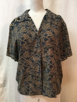 Womens, Blouse, SAG HARBOR, Brown, Black, Beige, Dk Gray, Rayon, Abstract , Novelty Pattern, S, S/S, Button Front, V-neck, Collar Attached, Cropped Boxy Fit