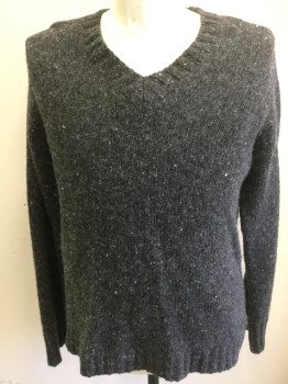 J CREW, Dk Gray, Ivory White, Wool, Nylon, Speckled, Ribbed Knit V-neck, Ribbed Knit Cuff/Waistband, Scratchy Wool,