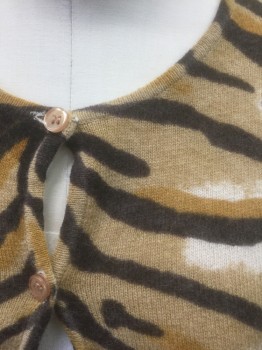 URCHIN, Tan Brown, Ochre Brown-Yellow, Brown, Beige, Wool, Angora, Animal Print, Tiger Striped, Knit, Long Sleeves, Round Neck, Button Front