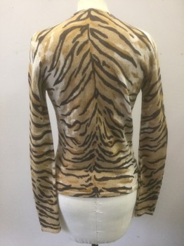 URCHIN, Tan Brown, Ochre Brown-Yellow, Brown, Beige, Wool, Angora, Animal Print, Tiger Striped, Knit, Long Sleeves, Round Neck, Button Front