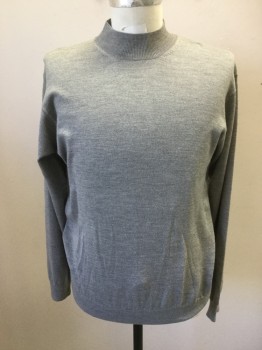 Mens, Pullover Sweater, JOSEPH & LYMAN, Lt Gray, Wool, Solid, M, Mock Ribbed Turtleneck, Long Sleeves, Ribbed Knit Cuff/Waistband