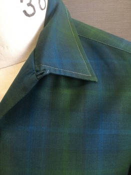 WOOLSHIRE, Teal Blue, Green, Wool, Plaid, Shadow Plaid, Long Sleeve Button Front, Collar Attached, 2 Patch Pockets, Off White Contrasting Top Stitching **Mended in Various Spots Throughout