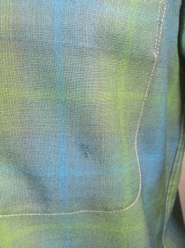 Mens, Casual Shirt, WOOLSHIRE, Teal Blue, Green, Wool, Plaid, Slv:33, N:14.5, Shadow Plaid, Long Sleeve Button Front, Collar Attached, 2 Patch Pockets, Off White Contrasting Top Stitching **Mended in Various Spots Throughout