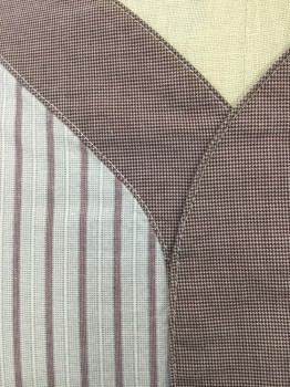 Mens, 1930s Vintage, Piece 1, MTO, White, Wine Red, Lt Gray, Cotton, Stripes, 40, PAJAMA SHIRT  Wine Collar Band and Placket and Cuffs and Pocket Trim in Micro Hounds Tooth  Pull Over Shirt,