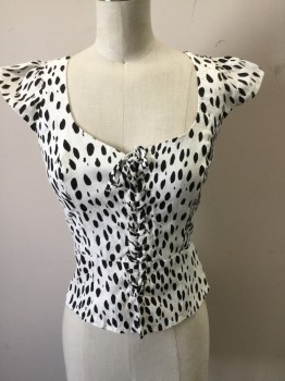 Womens, Top, REFORMATION, White, Black, Linen, Dots, 2, White with Black Spots, Scoop Neck, Lace Up Front, Peplum, Gathered Cap Sleeves, Smocked Back Panel, Zip Back, Spaghetti Strap Across Top Back
