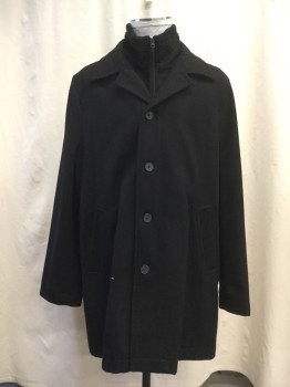 J. FERRAR, Black, Wool, Polyester, Solid, Large Notched Lapel with Zip Up Knit Ribbed Stand Collar, Single Breasted, 5 Button Up, 2 Side Entry Pockets, Above the Knee Length
