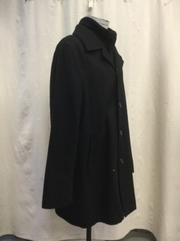 J. FERRAR, Black, Wool, Polyester, Solid, Large Notched Lapel with Zip Up Knit Ribbed Stand Collar, Single Breasted, 5 Button Up, 2 Side Entry Pockets, Above the Knee Length