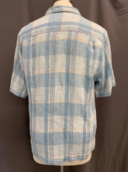 Mens, Casual Shirt, TOMMY BAHAMA, Lt Blue, White, Purple, Lime Green, Lt Gray, Linen, Plaid, M, Button Front, Collar Attached, Short Sleeves, Left Chest Pocket