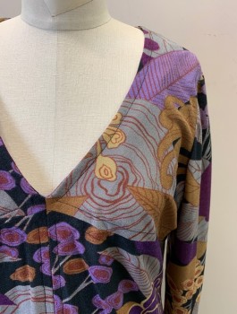 N/L, Purple, Gray, Brown, Black, Synthetic, Floral, Abstract , Maxi Dress, Groovy Print Knit,  Long Sleeves, V-neck, Empire Waist, Floor Length with Slit at Center Front Hem, Center Back Zipper, Late 1960's