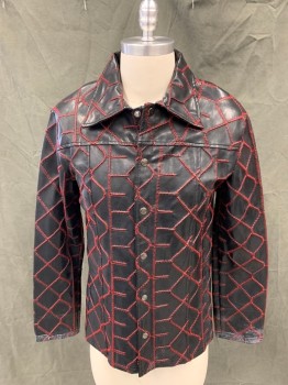 LIP SERVICE, Black, Red, Poly Vinyl Cloride, Cotton, Geometric, Raised Textured Red Stitching, Snap Front, Collar Attached, Long Sleeves, Dirty Sleeves, Late 1990's - Early Y2K