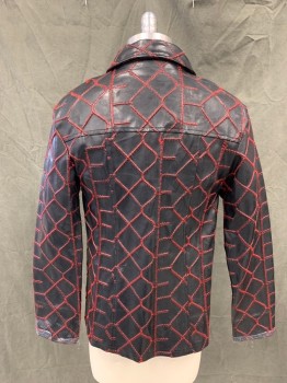 LIP SERVICE, Black, Red, Poly Vinyl Cloride, Cotton, Geometric, Raised Textured Red Stitching, Snap Front, Collar Attached, Long Sleeves, Dirty Sleeves, Late 1990's - Early Y2K