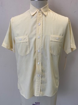 RESORT CASUALS, Yellow, White, Cotton, Stripes - Vertical , Searsucker, Short Sleeves, Button Front, Collar Attached, 2 Pockets,