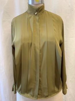 ANNE KLEIN, Olive Green, Polyester, Solid, Turtleneck, Button Front, Pleated Front, Long Sleeves