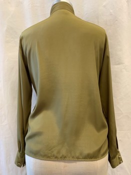 ANNE KLEIN, Olive Green, Polyester, Solid, Turtleneck, Button Front, Pleated Front, Long Sleeves