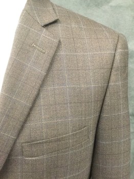 Mens, Sportcoat/Blazer, JOSEPH & FEISS, Chocolate Brown, Lt Brown, Lt Blue, Wool, Herringbone, Grid , 40R, Single Breasted, Collar Attached, Notched Lapel, 3 Pockets, Long Sleeves