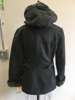 BRAETON, Charcoal Gray, Wool, Polyester, Solid, Single Breasted, Charcoal Fuzzy Fleece Lined Hood & Cuffs, 2 Pockets,
