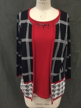 ALFRED DUNNER, Black, White, Red, Cotton, Acrylic, Grid , Solid, Black and White Grid Cardigan, Open Front, White with Black Tetris Pattern 6" Hem, Red Trim, Long Sleeves, Red Faux Knit Top, Scoop Neck, Black Beaded Detail