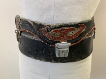 MTO, Black, Red, Tan Brown, Silver, Leather, Metallic/Metal, Novelty Pattern, Aged Money Belt, 3 Zippers, Working Locks and Latches, Buckle Back