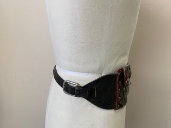 Unisex, Sci-Fi/Fantasy Belt, MTO, Black, Red, Tan Brown, Silver, Leather, Metallic/Metal, Novelty Pattern, 31-35, Aged Money Belt, 3 Zippers, Working Locks and Latches, Buckle Back