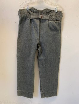 N/L MTO, Denim Blue, Dusty Blue, Cotton, Solid, Faded, Stone Washed Very Faded Denim, Button Fly, 2 Slanted Front Pockets & 1 Back Pocket, Belted Detail at Back Waist, Belt Loops, Suspender Buttons at Inside Waistband, Made To Order 1800's Western