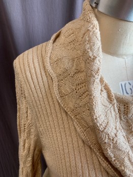 Womens, Pullover, STYLE & CO, Tan Brown, Gold, Cotton, Acrylic, Cable Knit, 1X, Cowl,  Ribbed Knit Top Body, Cable Knit A-line Lower Body, Bell Long Sleeves