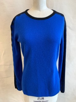 Womens, Pullover, NEIMAN MARCUS, Royal Blue, Cashmere, Solid, XS, Ribbed Knit Black Crew Neck, Black Lace Shoulder/Sleeve Trim