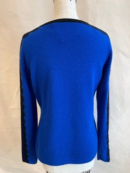 Womens, Pullover, NEIMAN MARCUS, Royal Blue, Cashmere, Solid, XS, Ribbed Knit Black Crew Neck, Black Lace Shoulder/Sleeve Trim