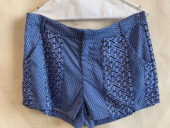 Womens, Shorts, MOLLY BRACKEN, Navy Blue, French Blue, Lt Blue, Polyester, Zig-Zag , Diamonds, M, 1.5" Waistband with Belt Hoops, Flat Front, Zip Front, 2 Pockets, Off White Lining