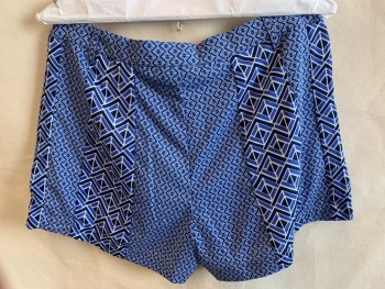 Womens, Shorts, MOLLY BRACKEN, Navy Blue, French Blue, Lt Blue, Polyester, Zig-Zag , Diamonds, M, 1.5" Waistband with Belt Hoops, Flat Front, Zip Front, 2 Pockets, Off White Lining