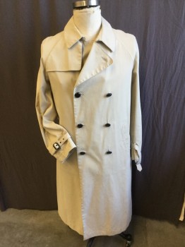 Mens, Coat, Trenchcoat, SEALUN, Lt Khaki Brn, Cotton, Polyester, Solid, 42, Long Coat, Collar Attached, 1 Flap Over Right Shoulder, Double Breasted, Large Black Button Front, 2 Slant Pockets, Upper Self 1/3 Lining,  Self DETACHABLE BELT with Black Rectangle Buckle, Raglan Long Sleeves with Belt & Matching Black Buckle, 1 Split Center Back Hem with 1 Matching Black Button