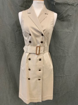 Womens, Dress, Sleeveless, BANANA REPUBLIC, Khaki Brown, Cotton, Elastane, Solid, 0, Double Breasted, Collar Attached, Notched Lapel, Sleeveless, 2 Pockets, Belt Loops, Knee Length, Self Belt with Leather Buckle