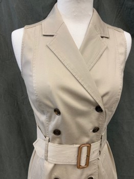 BANANA REPUBLIC, Khaki Brown, Cotton, Elastane, Solid, Double Breasted, Collar Attached, Notched Lapel, Sleeveless, 2 Pockets, Belt Loops, Knee Length, Self Belt with Leather Buckle