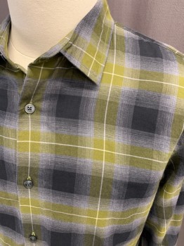 VINCE, Olive Green, Black, Gray, White, Cotton, Plaid, Button Front, Collar Attached, Long Sleeves, Button Cuff
