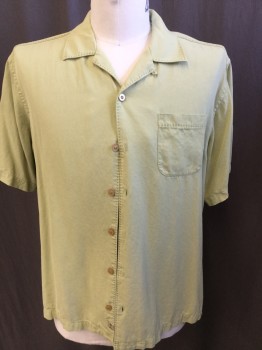 TOMMY BAHAMAS, Lime Green, Silk, Solid, Faded Lime, Olive Hand Stitches on  Collar Attached, Button Front Placket, Shoulder & 1 Pocket, and Upper Back, Short Sleeves, 2.5" Side Split Hem