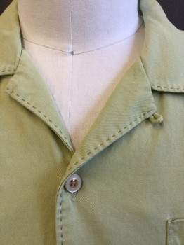 TOMMY BAHAMAS, Lime Green, Silk, Solid, Faded Lime, Olive Hand Stitches on  Collar Attached, Button Front Placket, Shoulder & 1 Pocket, and Upper Back, Short Sleeves, 2.5" Side Split Hem
