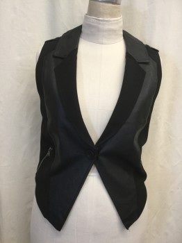 Womens, Vest, BOUTIQUE XX1, Black, Polyester, Faux Leather, Solid, B40, L, Single Breasted, 1 Button, Notched Lapel, Panels of Pleather and Poly, 2 Diagonal Zip Pocket, Epaulets