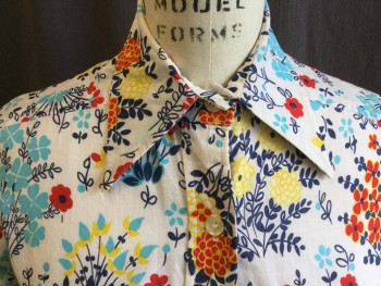 Womens, Blouse, YOUNG TRADITIONS, White, Navy Blue, Red, Yellow, Turquoise Blue, Cotton, Floral, B:32, Collar Attached, Button Front, Long Sleeves,