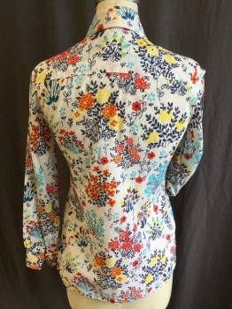 Womens, Blouse, YOUNG TRADITIONS, White, Navy Blue, Red, Yellow, Turquoise Blue, Cotton, Floral, B:32, Collar Attached, Button Front, Long Sleeves,